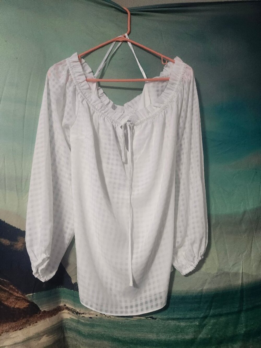City Chic White Subtle Plaid Blouse Size 16 BNWT Klara Peasant Top Off Shoulder